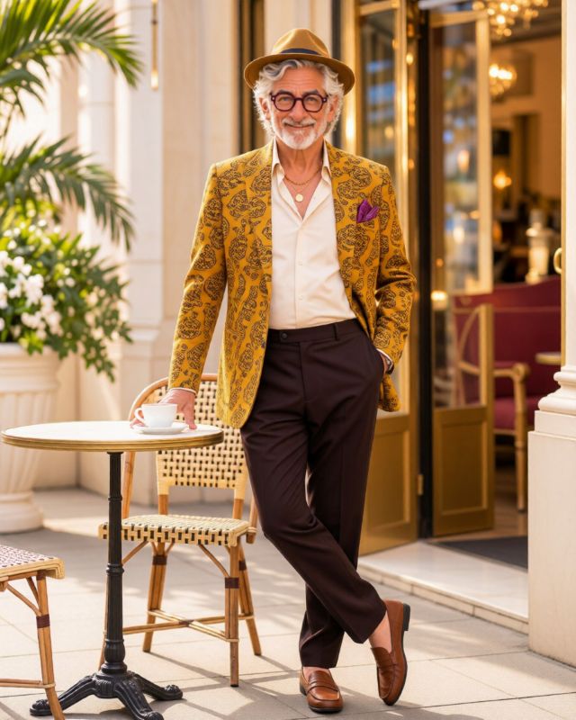 Bruno im senfgelben Mustersakko mit pflaumenfarbener Brille und Hut vor einem Café.